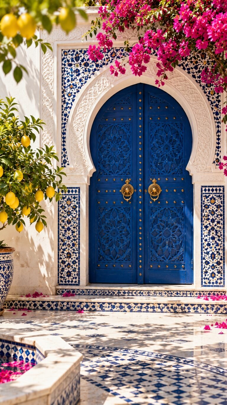 Blue doorway in a white courtyard, Islamic phone wallpaper