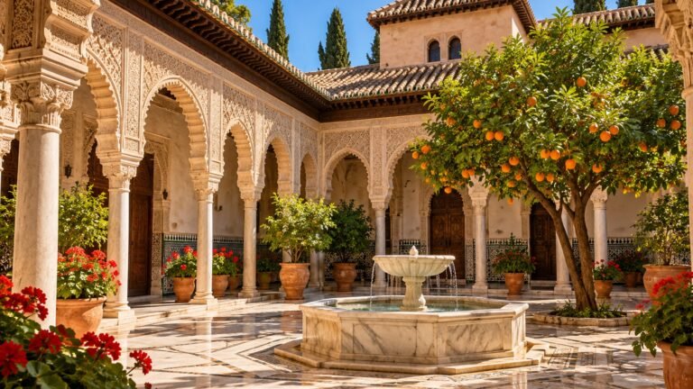 Cloister courtyard with orange tree and fountain, Islamic desktop wallpaper