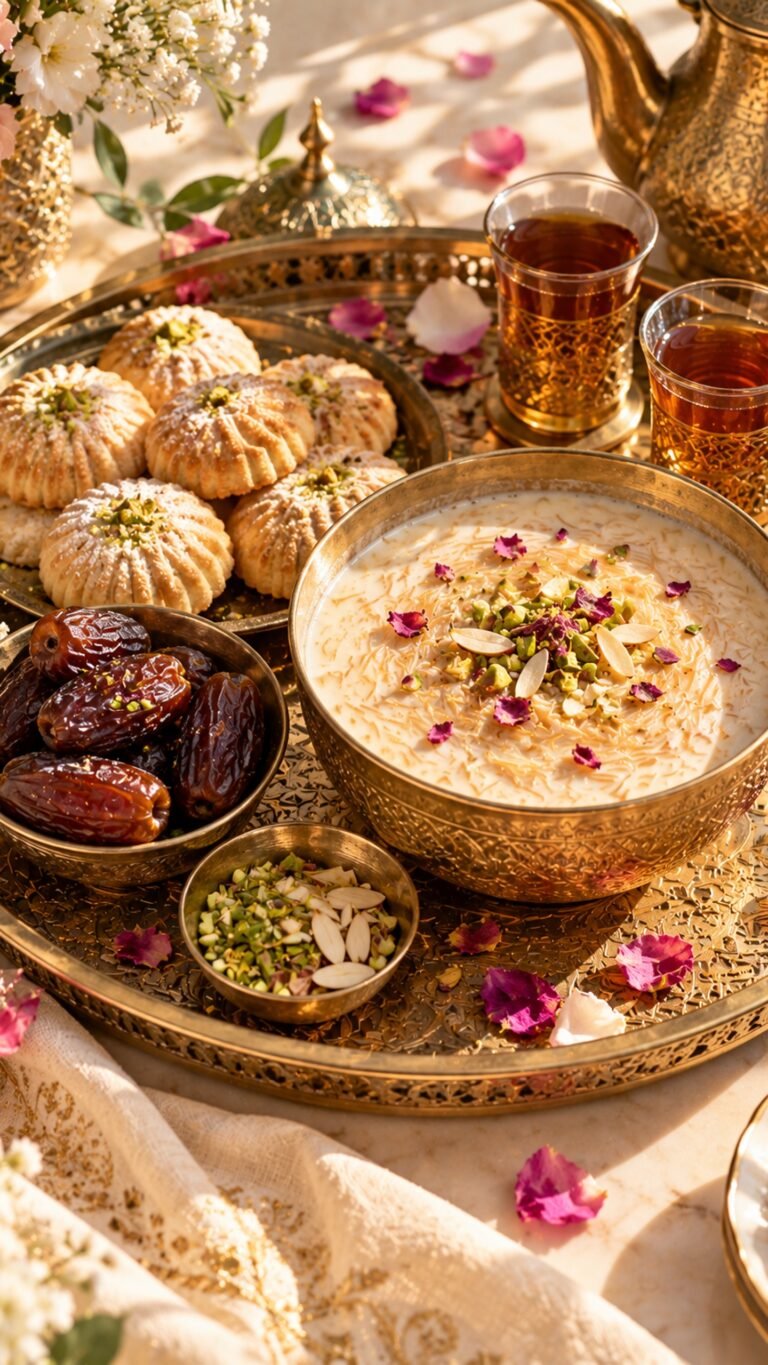 Eid sweets on a brass tray, Islamic phone wallpaper
