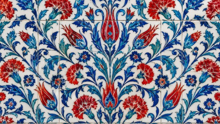 Blue Iznik tiles with tulips, Islamic desktop wallpaper