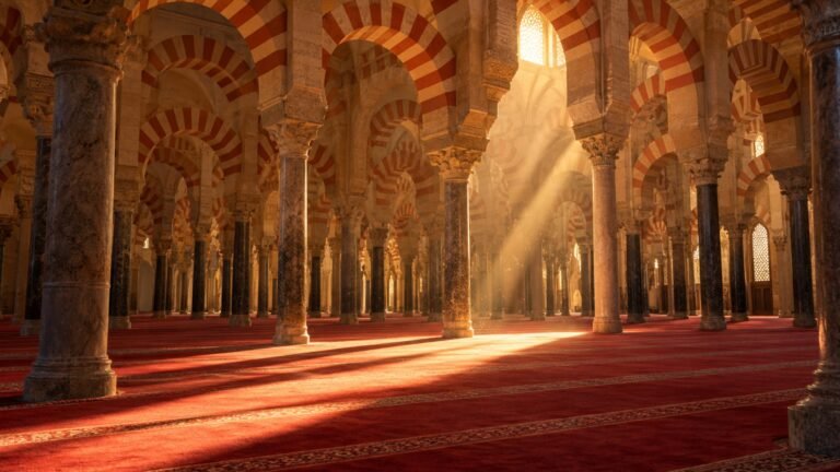 Mosque arches in golden light, Islamic desktop wallpaper