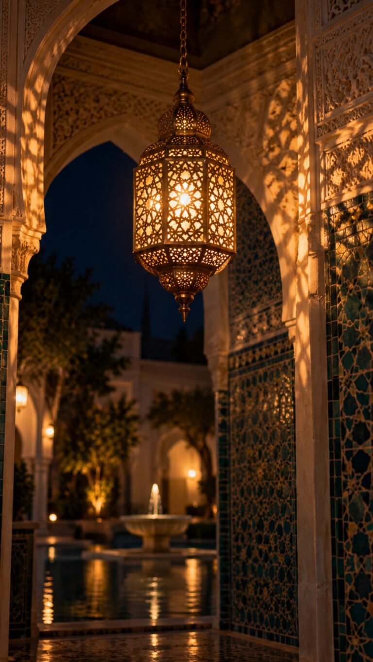 Brass lantern in a Moroccan courtyard, Islamic phone wallpaper