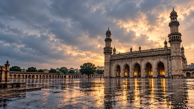 Mecca Masjid, Hyderabad in the rain, Islamic desktop wallpaper