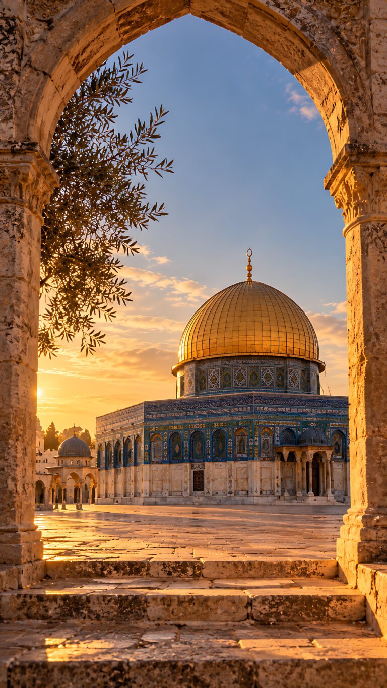 The Dome of the Rock through an arch, Islamic phone wallpaper