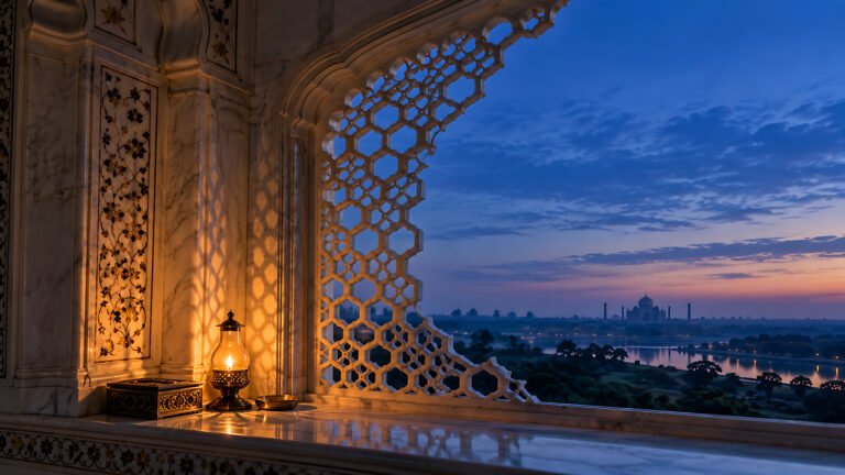 Marble jali at blue hour, Islamic desktop wallpaper
