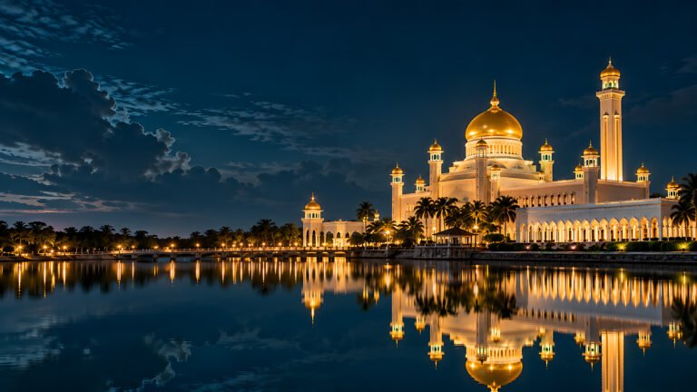 Golden dome on the lagoon, Brunei, Islamic desktop wallpaper