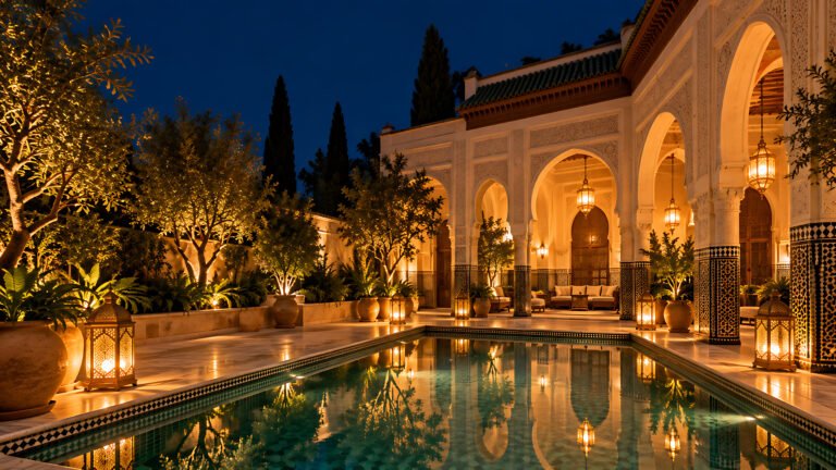 Riad arcade by night, Islamic desktop wallpaper