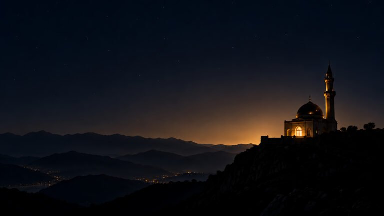 Mosque on a dark ridge, Islamic desktop wallpaper