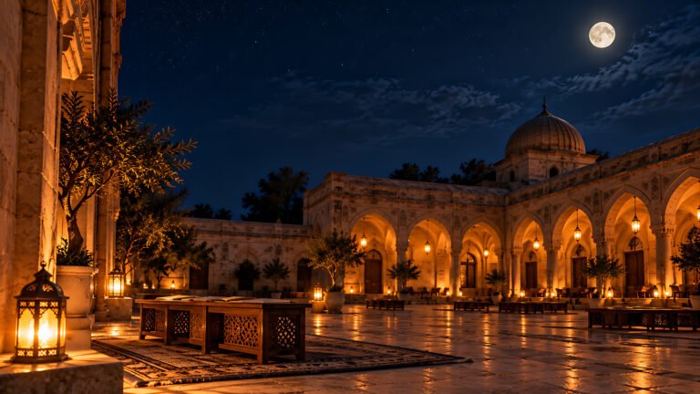 Madrasa courtyard at night, Islamic desktop wallpaper