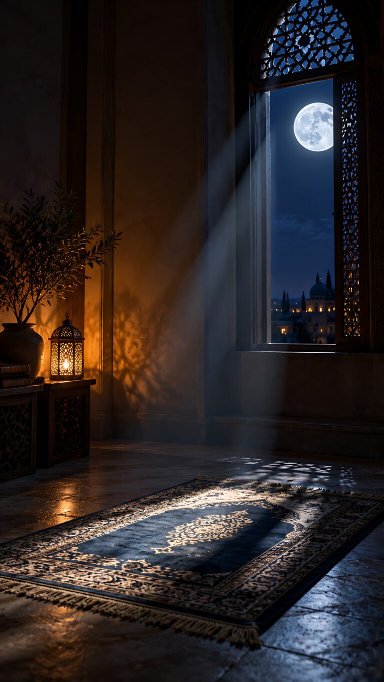Moonlight on an empty prayer mat, Islamic phone wallpaper