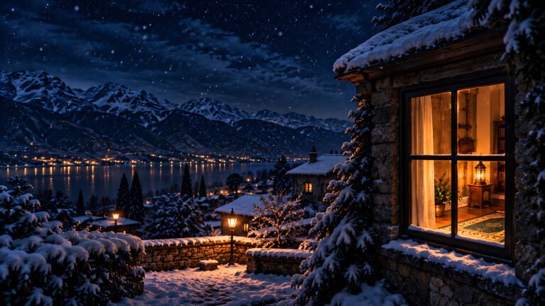 A lit window on a snowy night, Islamic desktop wallpaper