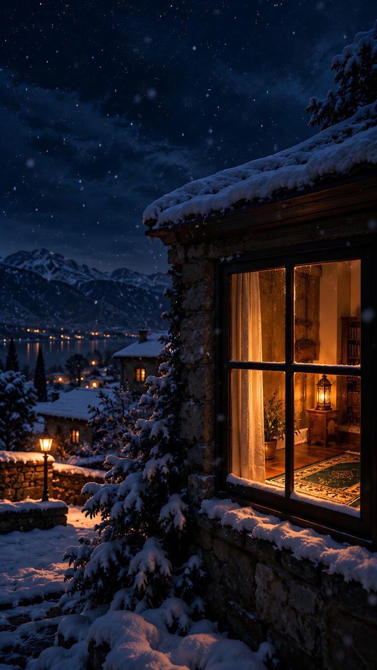 A lit window on a snowy night, Islamic phone wallpaper