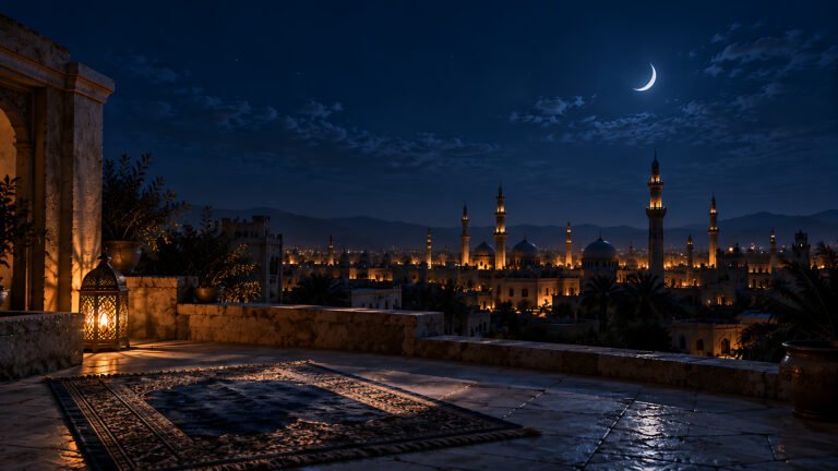 Rooftop prayer at 3 am, Islamic desktop wallpaper
