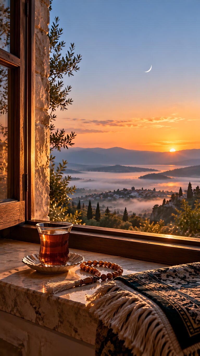 Tea and tasbih at Fajr, Islamic phone wallpaper