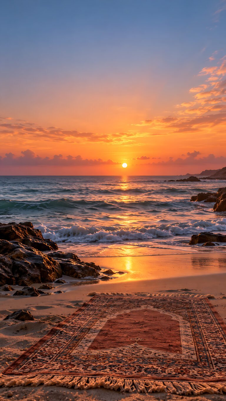 Prayer by the sea at sunset, Islamic phone wallpaper