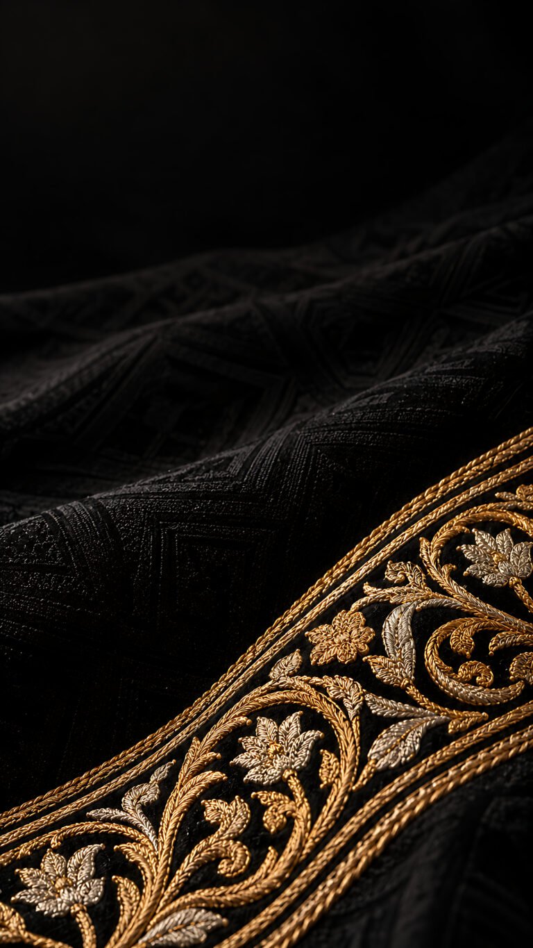 Black silk and gold embroidery, Islamic phone wallpaper