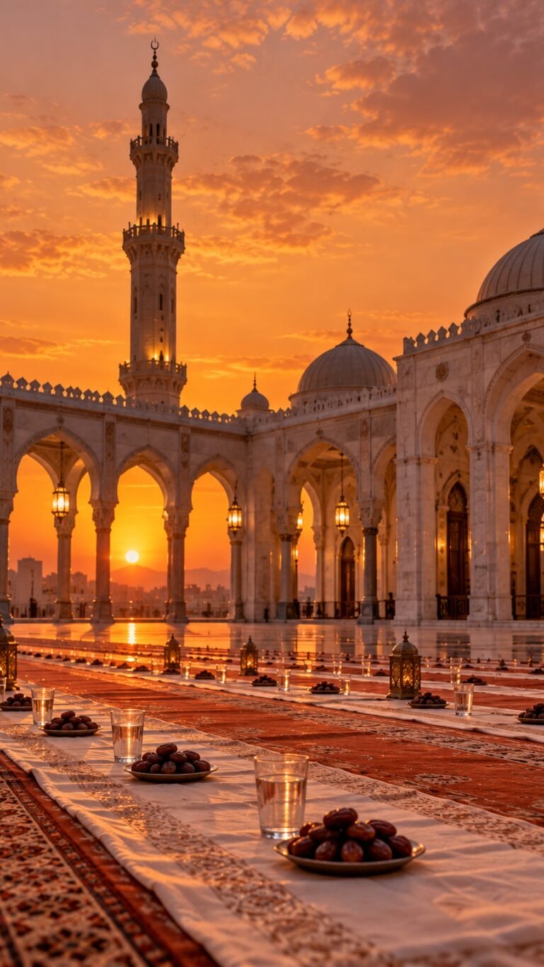Iftar laid out in the courtyard, Islamic phone wallpaper