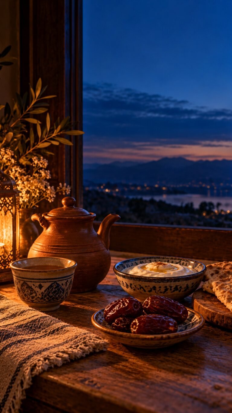 Suhoor table at blue hour, Islamic phone wallpaper