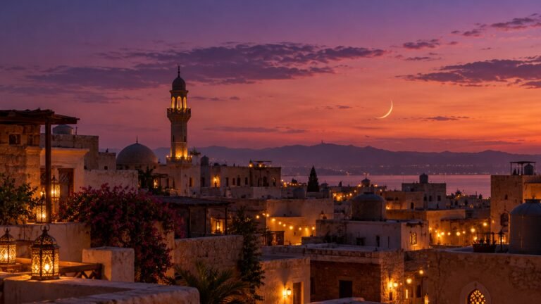 The Ramadan crescent over the rooftops, Islamic desktop wallpaper