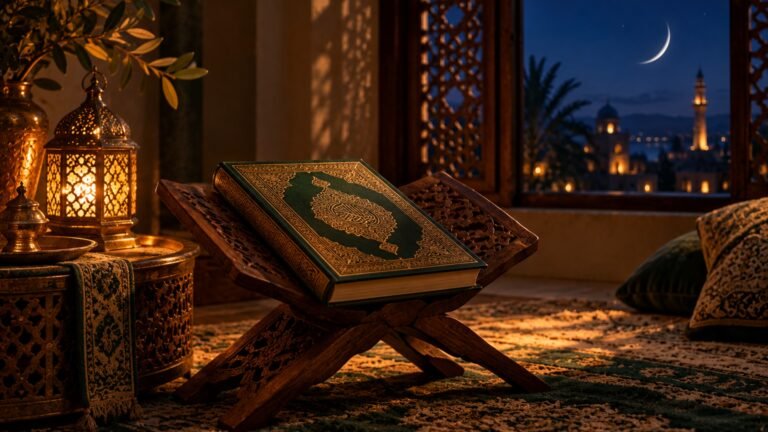 Qur'an on a rehal by lamplight, Islamic desktop wallpaper