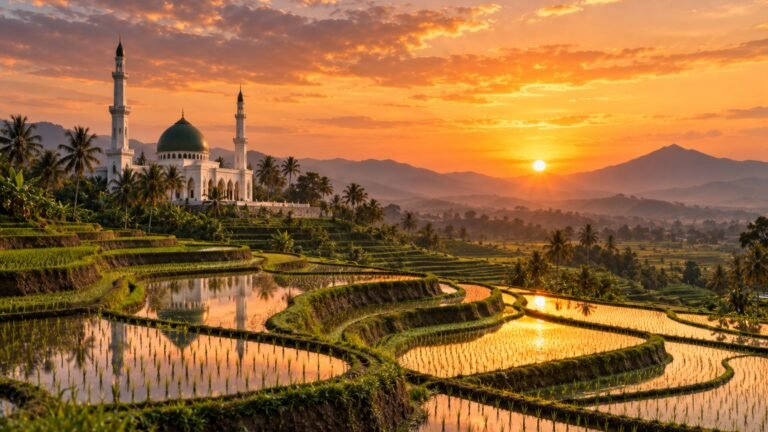 Mosque among flooded rice fields, Islamic desktop wallpaper