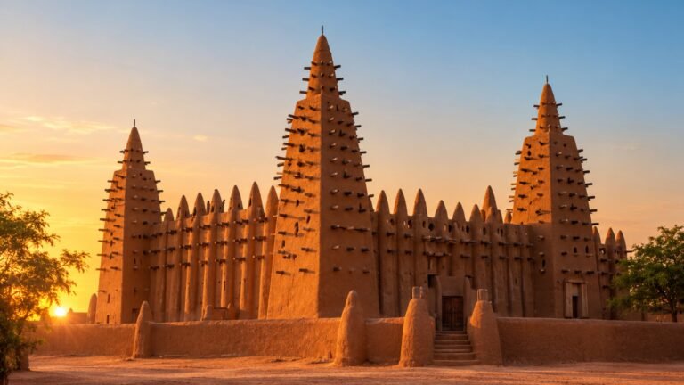 Mud-brick mosque at golden hour, Islamic desktop wallpaper