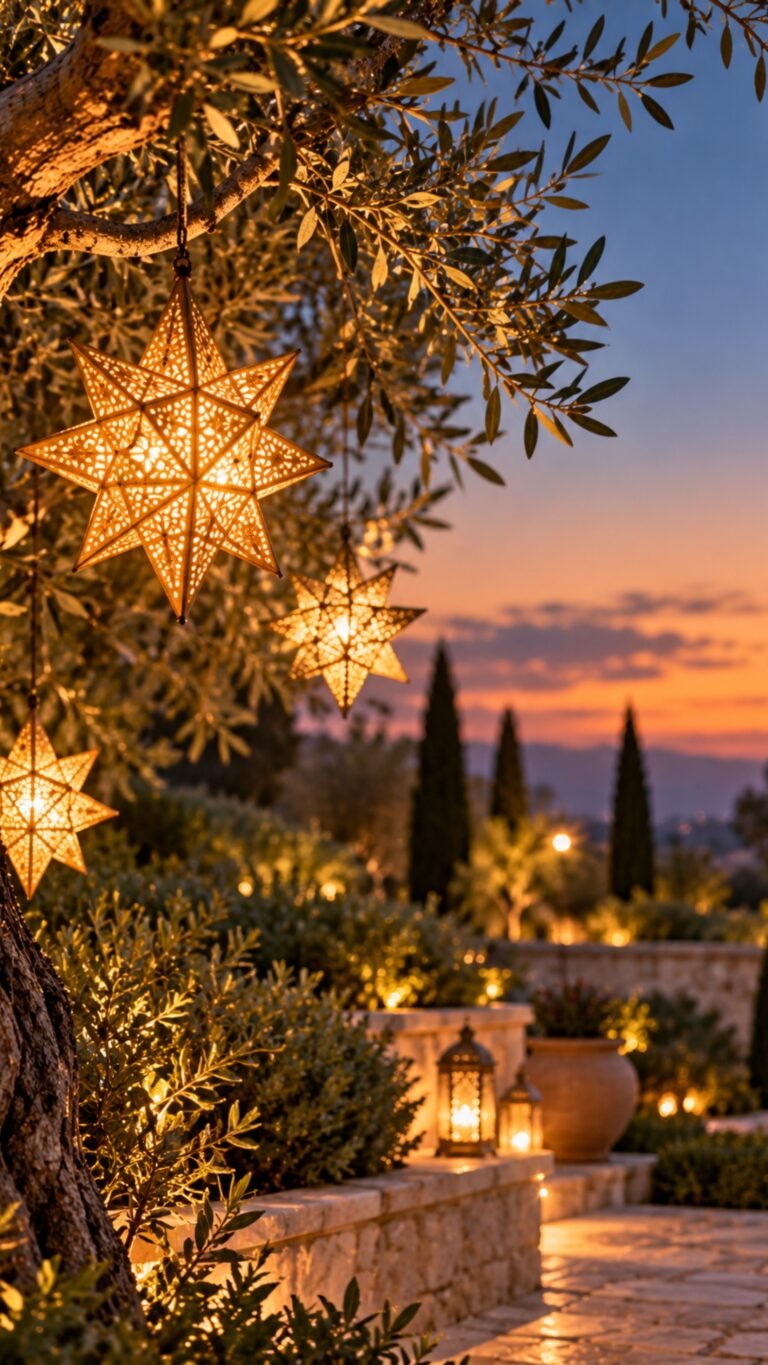 Paper star lanterns in a garden, Islamic phone wallpaper