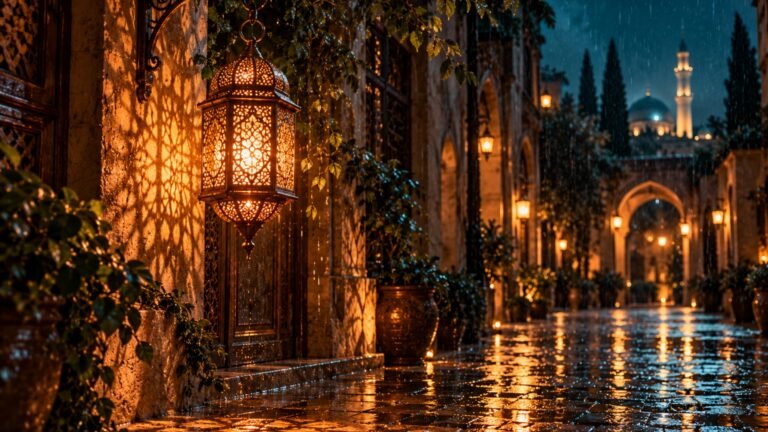 Copper lantern on a rainy street, Islamic desktop wallpaper