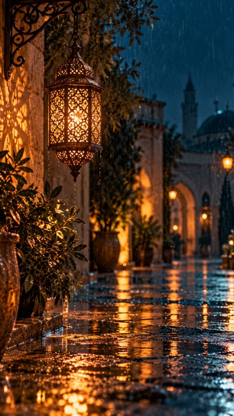 Copper lantern on a rainy street, Islamic phone wallpaper