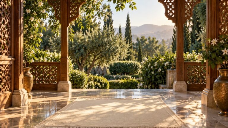 Prayer mat in a garden pavilion, Islamic wallpaper