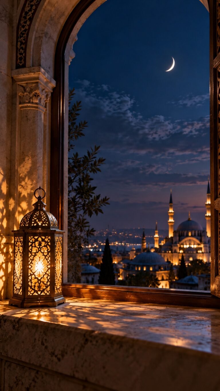 Lantern on a windowsill under the crescent, Islamic phone wallpaper