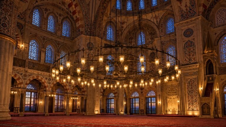Mosque interior with a ring of lanterns, Islamic desktop wallpaper