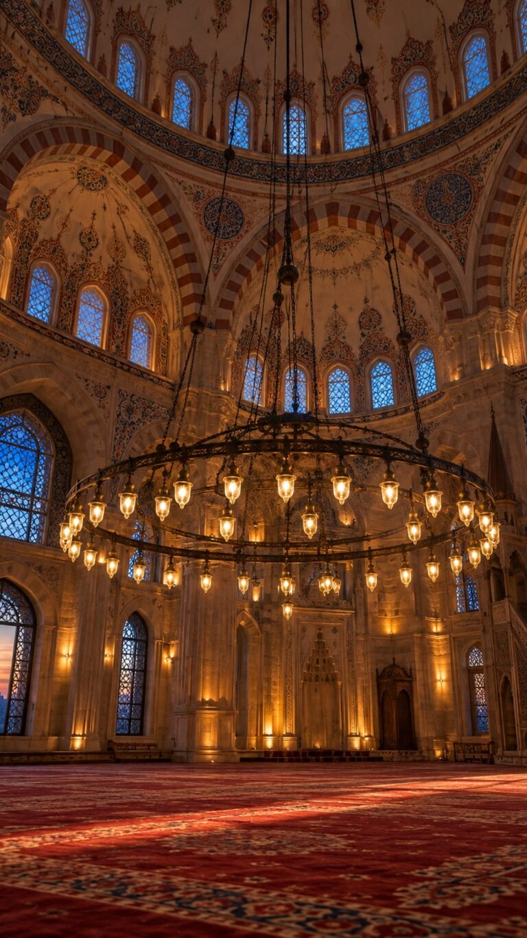 Mosque interior with a ring of lanterns, Islamic phone wallpaper