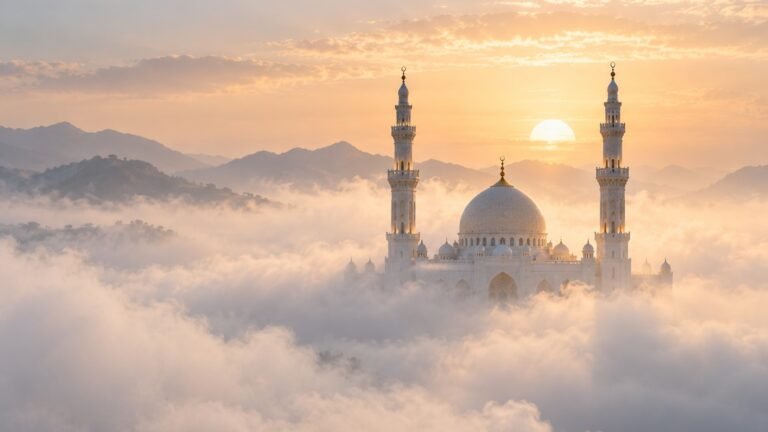 Mosque in morning fog, Islamic desktop wallpaper