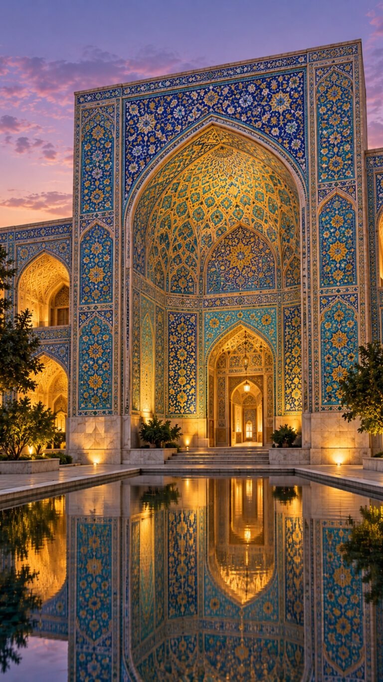 Persian iwan in turquoise tile at dusk, Islamic phone wallpaper