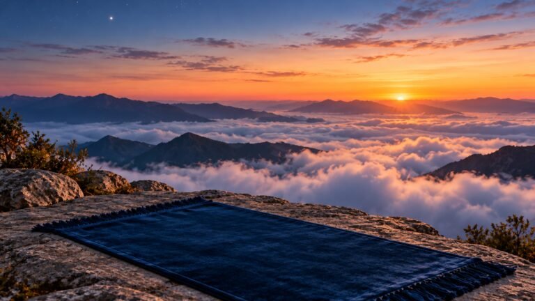 Prayer mat on a mountain edge at Fajr, Islamic desktop wallpaper