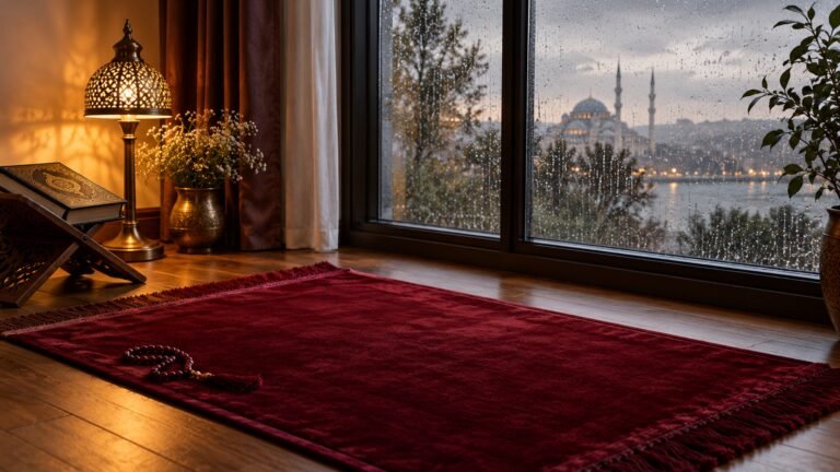 Prayer mat by a rainy window, Islamic desktop wallpaper