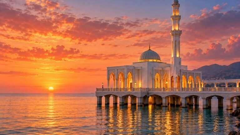 Mosque over the sea at sunset, Islamic desktop wallpaper
