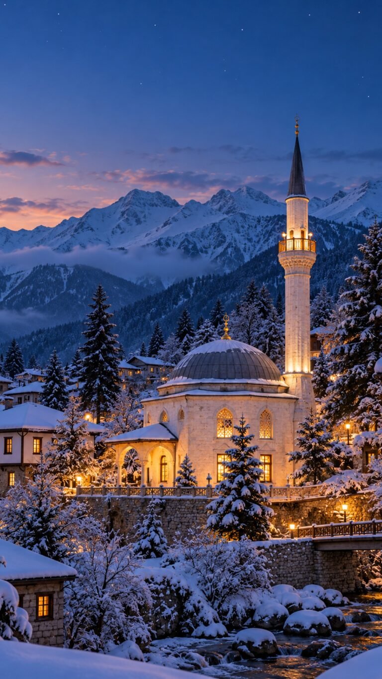 Snowy mountain mosque at winter dusk, Islamic phone wallpaper