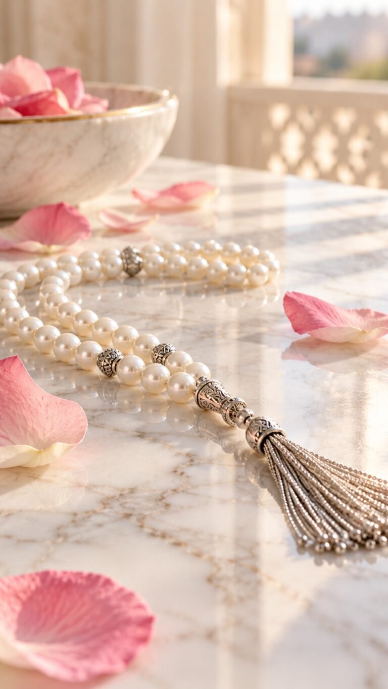 Tasbih on marble with rose petals, Islamic phone wallpaper