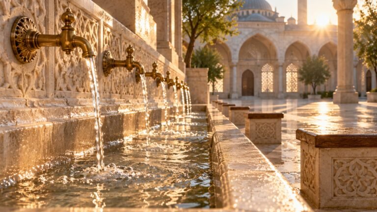 Wudu fountain in morning light, Islamic wallpaper